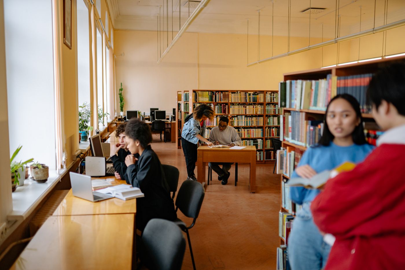 University students working together in a library